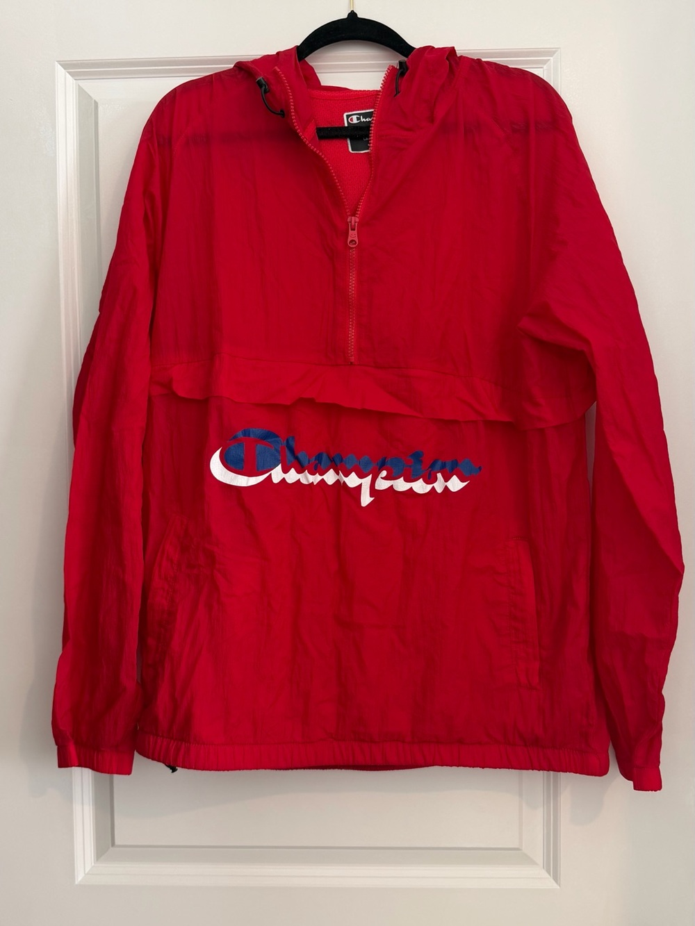Champion Red Hooded Pullover with White & Blue Logo